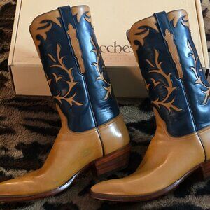 NEW Lucchese Handmade Classics Custom Calfskin Cowboy Boots M 12D Navy Inlay Tan